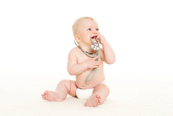 Sweet baby with stethoscope on a  white background. - Фото, зображення