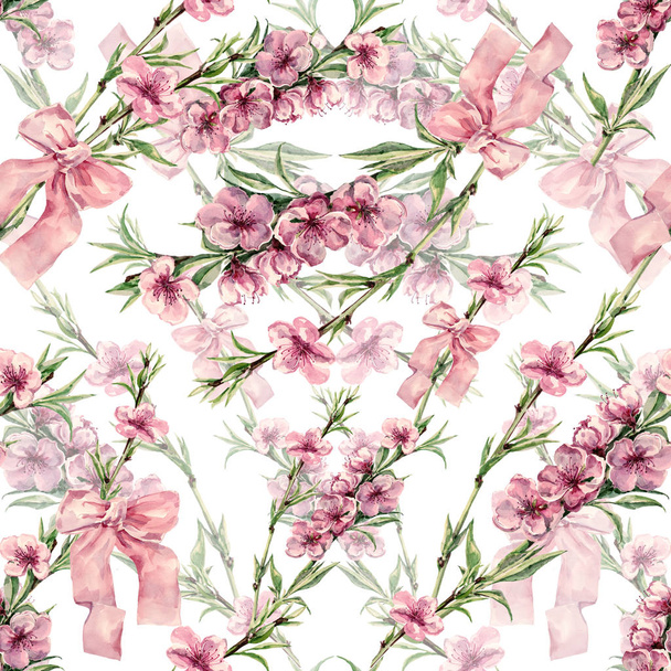 Watercolor flowers peach with ribbon on white background. Floral seamless pattern. - Фото, зображення