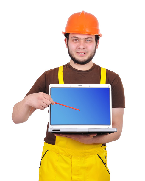 builder holding laptop - Фото, изображение