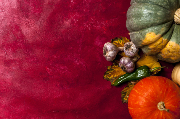Orange, green and yellow pumpkins on old textured background - Foto, immagini
