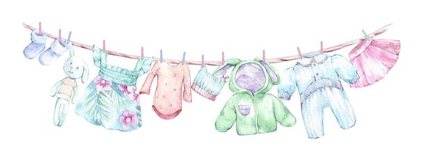 set of childish clothes watercolor isolated - Photo, Image
