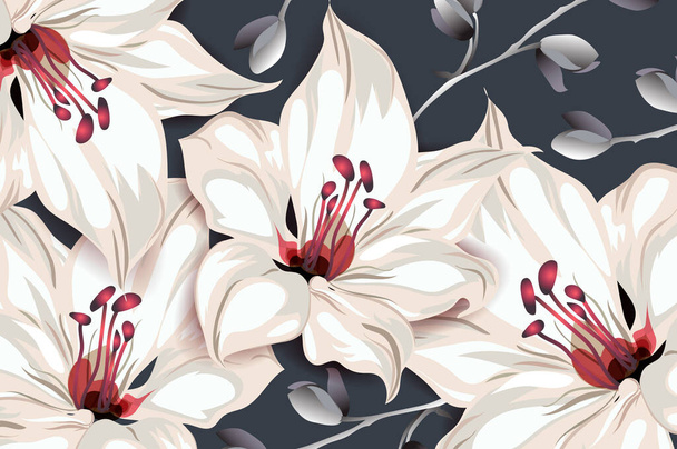 Botanical template design, pink lily flowers and leaves on grey background, vintage style. Vector illustration. - Vetor, Imagem