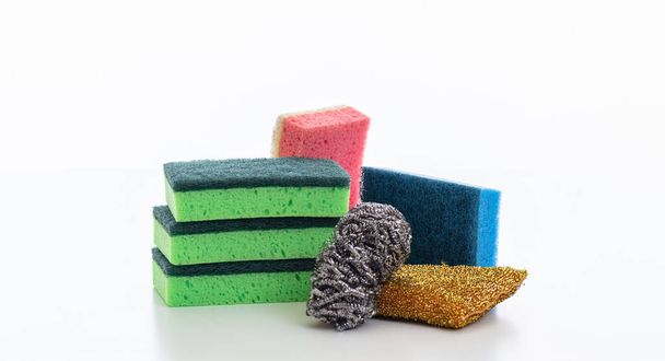 Cleaning sponges variety isolated against white background. - Foto, Imagen