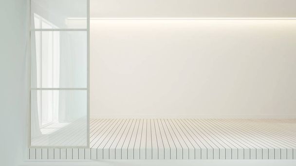 Quarto vazio design de decoração de piso de madeira branca para obras de arte interior - Quarto vazio branco design simples interior - 3D Rendering
 - Foto, Imagem