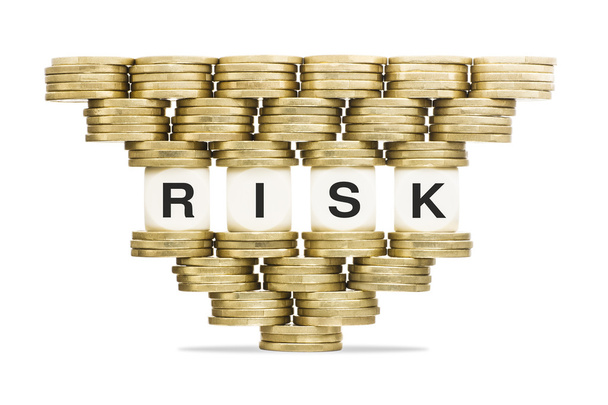 Risk Management Word Risk on Unstable Stack of Gold Coins - Photo, Image