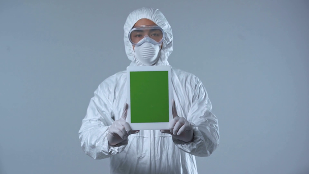 Ασιάτης επιστήμονας κρατώντας ψηφιακό δισκίο με πράσινη οθόνη απομονωμένη σε γκρι  - Πλάνα, βίντεο
