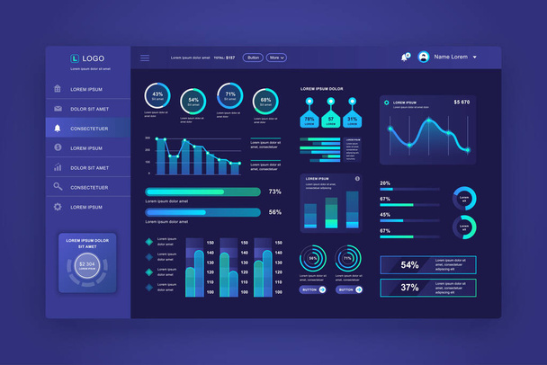 Dashboard UI. Admin panel vector design template with infographic elements, HUD diagram, info graphics. Website dashboard for UI and UX design web page. Dark style. Vector illustration. - Vector, Image