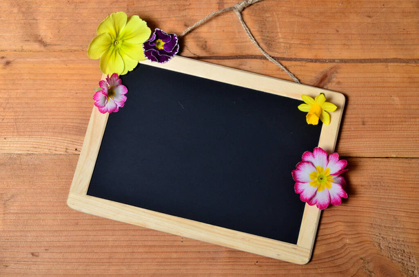 blackboard with flowers in spring - Foto, imagen