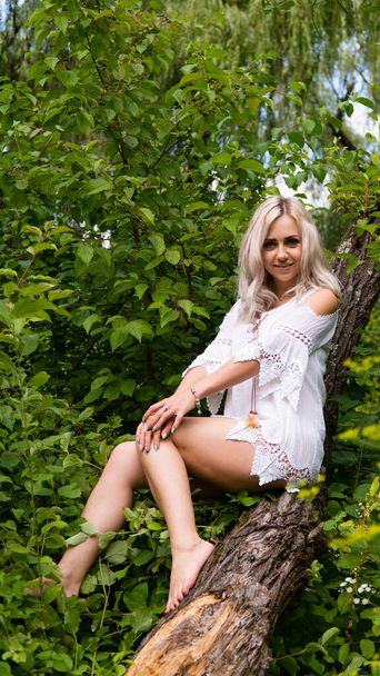 sexy blonde woman in summer dress at nature  - Photo, image