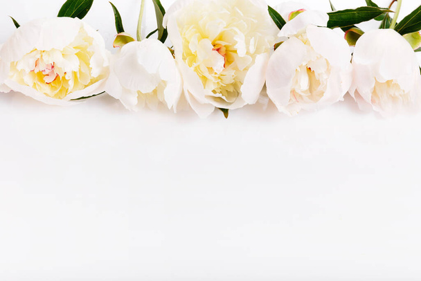 Festive flower composition on the white background. Overhead view - Φωτογραφία, εικόνα