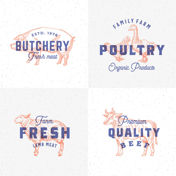Premium Quality Vintage Meat and Poultry Labels. Retro Print Effect Emblems. Abstract Vector Sign, Symbol or Logo Template Set. Hand Drawn Cow, Pig, Lamb, Goose and Chicken Sillhouettes. - Vektör, Görsel