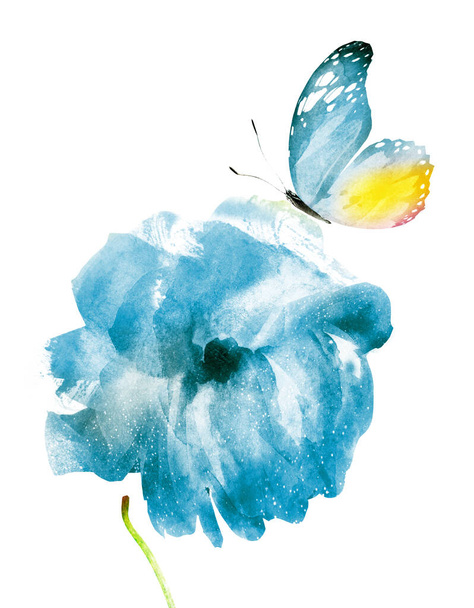 Watercolor flower with butterfly, isolated on white background - 写真・画像