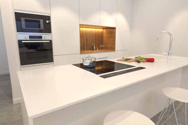 Modern beyaz mutfak tezgahı kapanıyor. 3d hazırlayıcı - Fotoğraf, Görsel