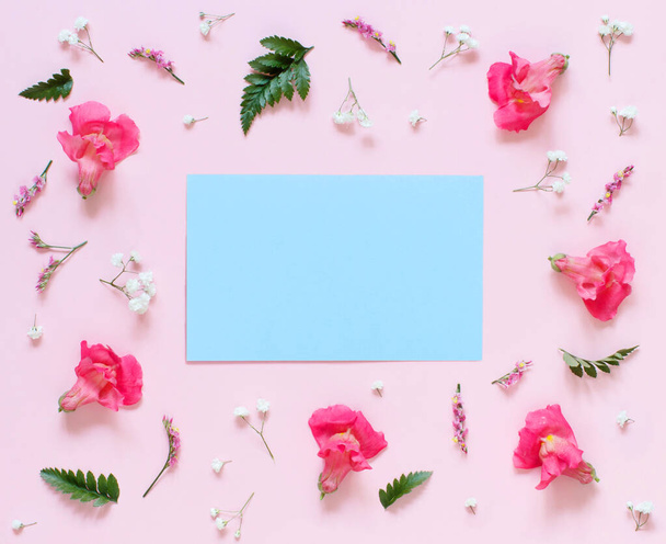 Цветы и голубая бумага на светло-розовом фоне
 - Фото, изображение