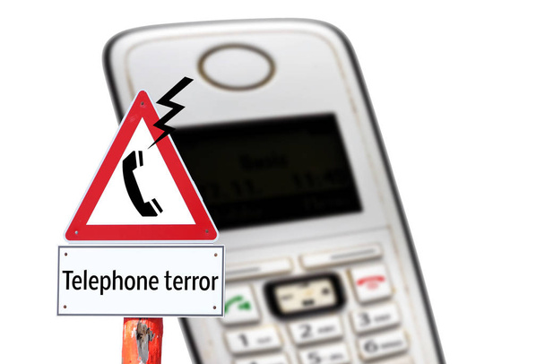 Figyelem, telefonos terrorveszély figyelmeztető tábla elszigetelve. - Fotó, kép