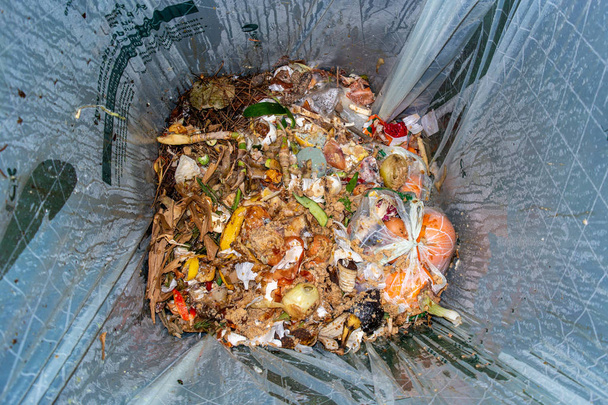 Pilha de lixo de resíduos de alimentos orgânicos em um recipiente de saco de plástico bein
 - Foto, Imagem