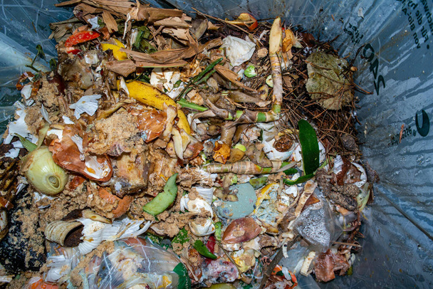 Szerves élelmiszer hulladékok egy halom hulladéka műanyag zacskóban bein - Fotó, kép