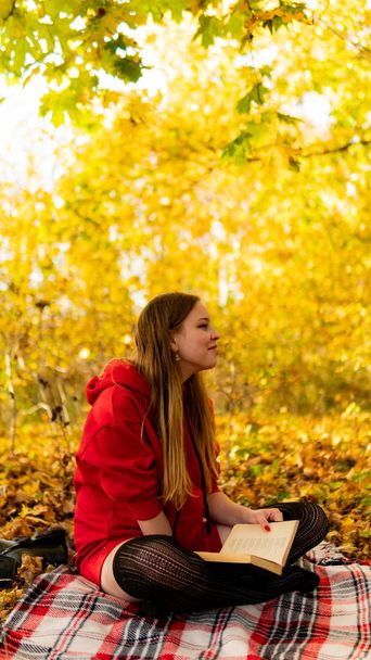 unglaubliche atemberaubende Mädchen in einem roten Kleid. Hintergrund ist ein fantastischer Herbst. künstlerische Fotografie. - Foto, Bild