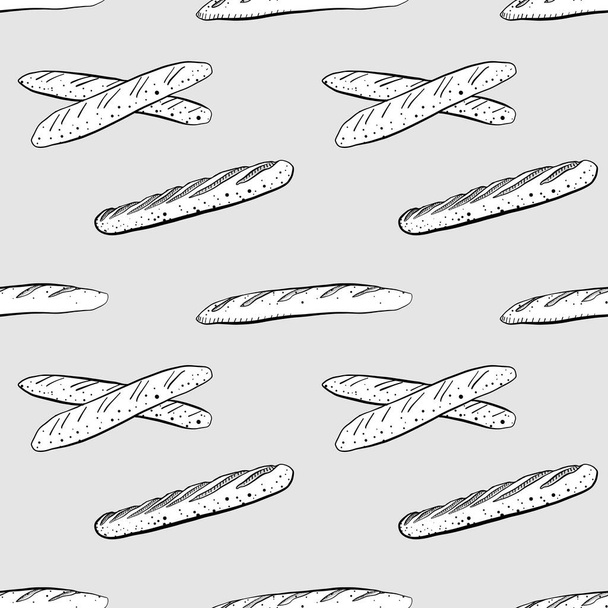 Baguette seamless pattern greyscale drawing - Vettoriali, immagini