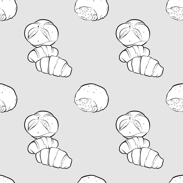 Bread roll seamless pattern greyscale drawing - Vector, Image