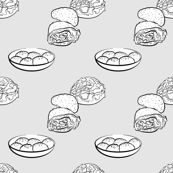 Curry bread seamless pattern greyscale drawing - Vektor, Bild