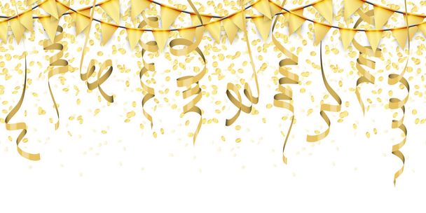 seamless golden colored confetti, streamers and garlands backgro - Vector, Image