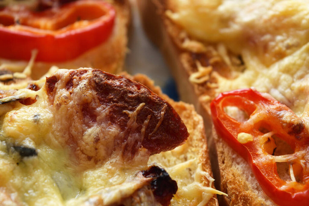 Slice of fried sausage on toast with crunchy cheese and peppers - Photo, Image