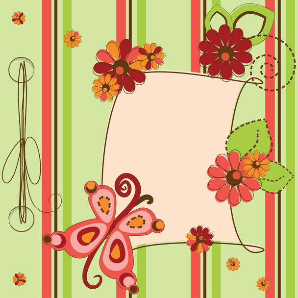 Ευχετήρια κάρτα με λουλούδια και πεταλούδα - Διάνυσμα, εικόνα
