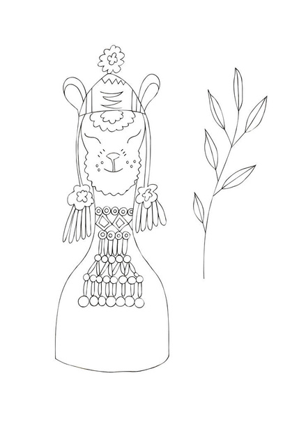 Illustration einer schwarzen Tuschezeichnung eines tierischen Alpakas inmitten von Blumen und Pflanzen auf einem isolierten weißen Hintergrund. - Foto, Bild