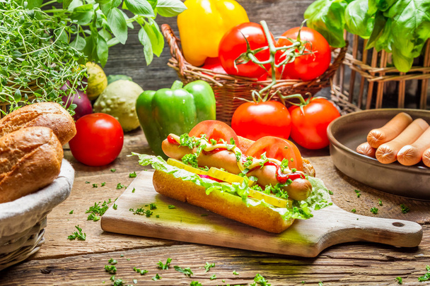 Closeup of homemade hot dog with a lot of vegetables - Valokuva, kuva