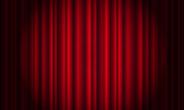 Κόκκινη κουρτίνα με φώτα στο θέατρο. Βελούδινο ύφασμα κινηματογραφική καμπύλη - Διάνυσμα, εικόνα