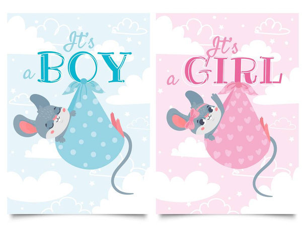 Sus tarjetas de niño y niña. Etiqueta de la ducha del bebé con el ratón lindo, ratones niños vector dibujos animados conjunto de ilustración
 - Vector, imagen