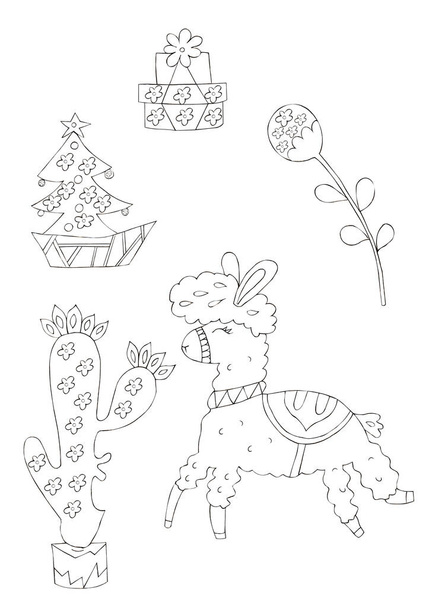 Ilustración de un dibujo de tinta negra de una alpaca animal entre flores y plantas sobre un fondo blanco aislado
. - Foto, Imagen