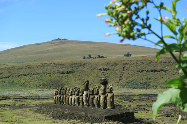 Ahu Tongariki Moai Ruin with Poike volcano on background, Easter Island or Rapa Nui, Chile - Photo, Image