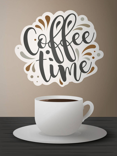 Una tazza di caffe 'sulla parte superiore. Bellissimo font scritto a mano. Logo.Poster vettoriale sul tema della pausa caffè
. - Vettoriali, immagini