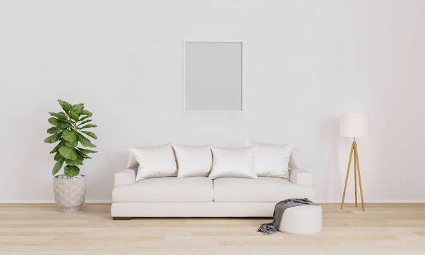 モックアップ用の空白のポスター/画像フレーム。白いソファ、白いモダンなランプ、植物と明るいリビングルーム。白い壁と木製の床と家具付きのリビングルーム。インテリアデザイン. - 写真・画像