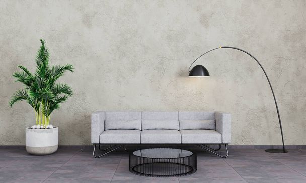 Moderní obývací pokoj s šedou betonovou stěnou, pohovkou, černou lampou a palmami. Obývací pokoj pro makety. Loft stlyle obývací pokoj. 3D vykreslování. Šedý spodní pokoj. Návrh interiéru - Fotografie, Obrázek
