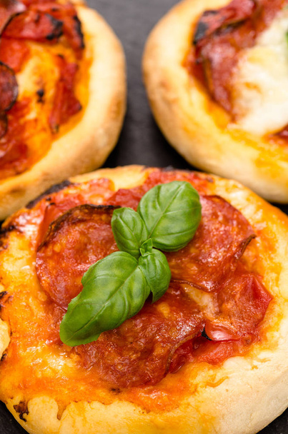 close up pizza with salami and basil in portrait - Zdjęcie, obraz