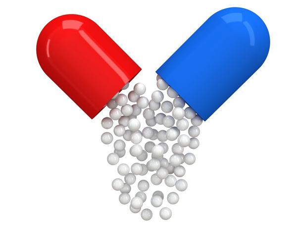 rode blauwe pil capsule geopend. 3D - Foto, afbeelding