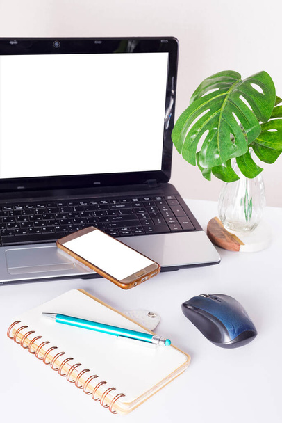 Miejsce pracy z notebookiem i liśćmi palmowymi. Wygodny stół do pracy w domu lub biurze - Zdjęcie, obraz