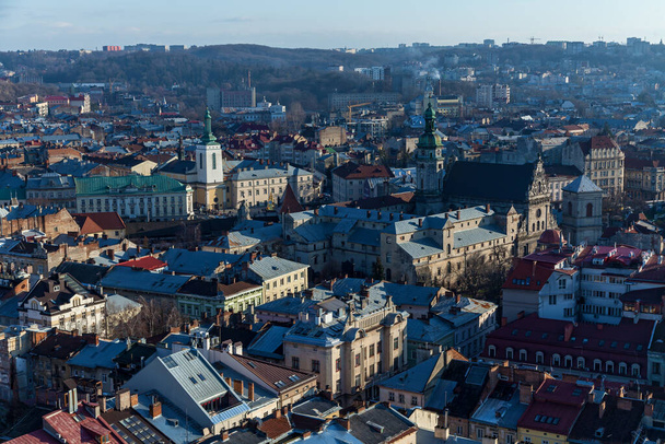 A beautiful aerial view of colorful traditional roofs of houses in Lviv - Valokuva, kuva