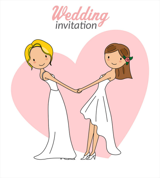  Gay marriage wedding invitation. Two women holding hands - ベクター画像