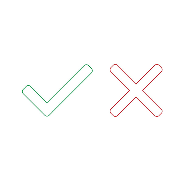 Znaki wskazujące i krzyżujące. Zielony symbol OK i czerwone ikony X, izolowane na białym tle. Prosty projekt graficzny znaków. Okrągłe symbole TAK i NIE przycisk do głosowania, decyzji, web. Ilustracja wektora - Wektor, obraz