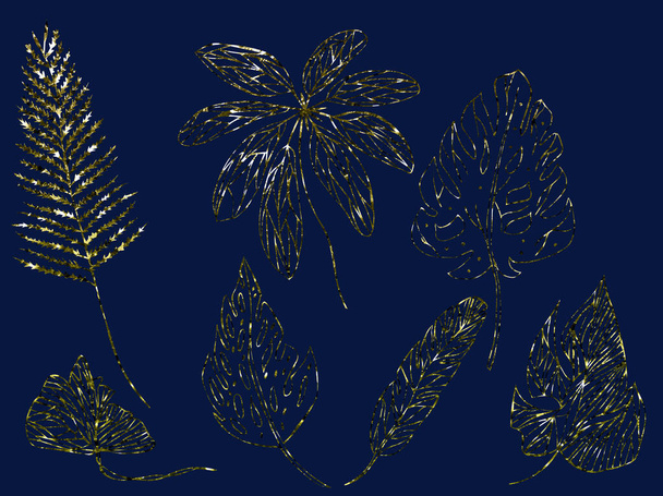 Illustration Zeichnung skizzieren Goldfarbe mit funkelnden Konturblättern exotischer Pflanzen auf einer isolierten Schicht als Set - Foto, Bild