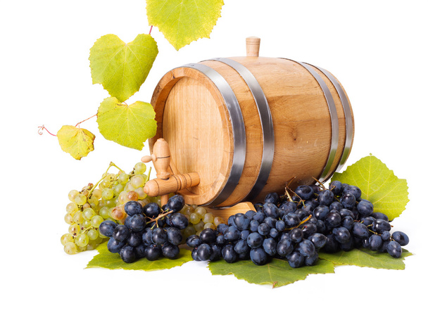 Racimos de uva blanca y azul alrededor del barril
 - Foto, imagen