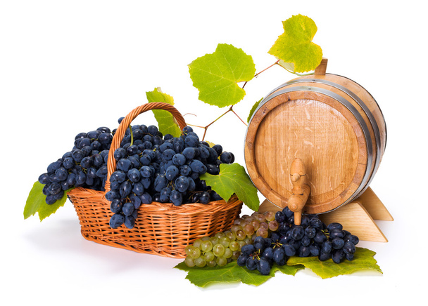 White and blue grape in basket with barrel - Foto, afbeelding