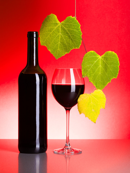 Bottle and glass of red wine with grape leaves - Foto, imagen