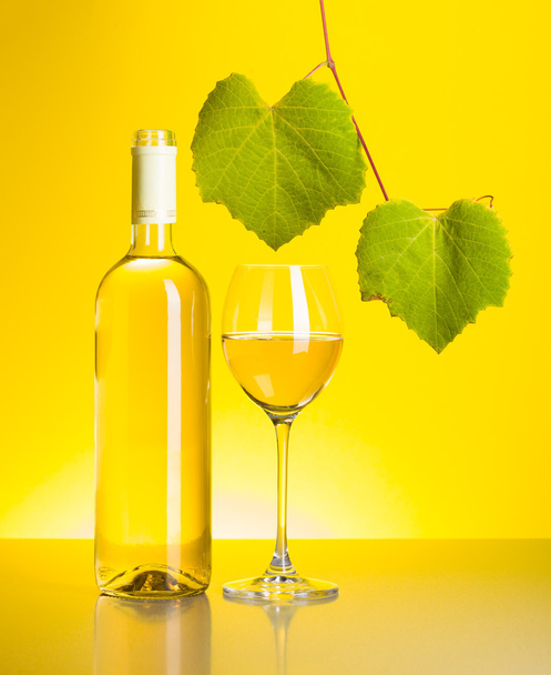 Bottle and glass of white wine with grape leaves - Fotografie, Obrázek