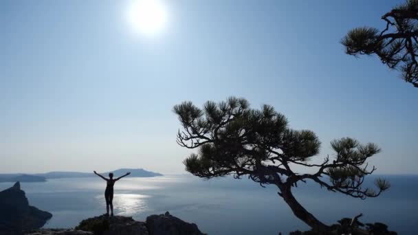 Eine junge Touristin beobachtet die schöne Aussicht vom Gipfel des Berges, hebt die Hände und streckt sich. sportliches Mädchen erklomm die Spitze der Klippe und bewundert die Aussicht auf Sonne und Meer. - Filmmaterial, Video