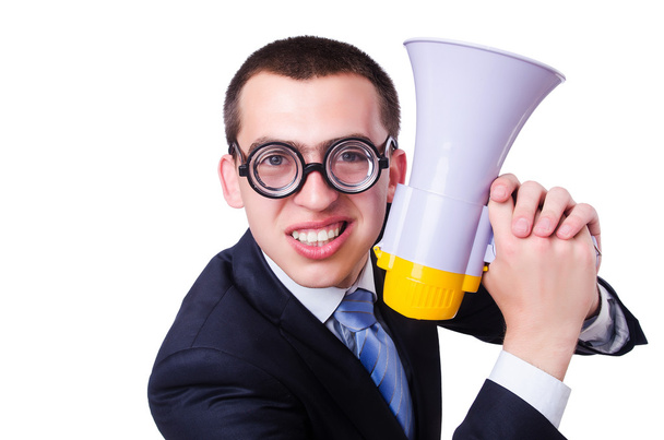 Смішний чоловік з гучномовцем на білому
 - Фото, зображення